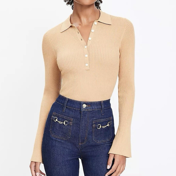Loft Ann Taylor Tan Ribbed Polo Sweater-size Medium - Picture 1 of 5